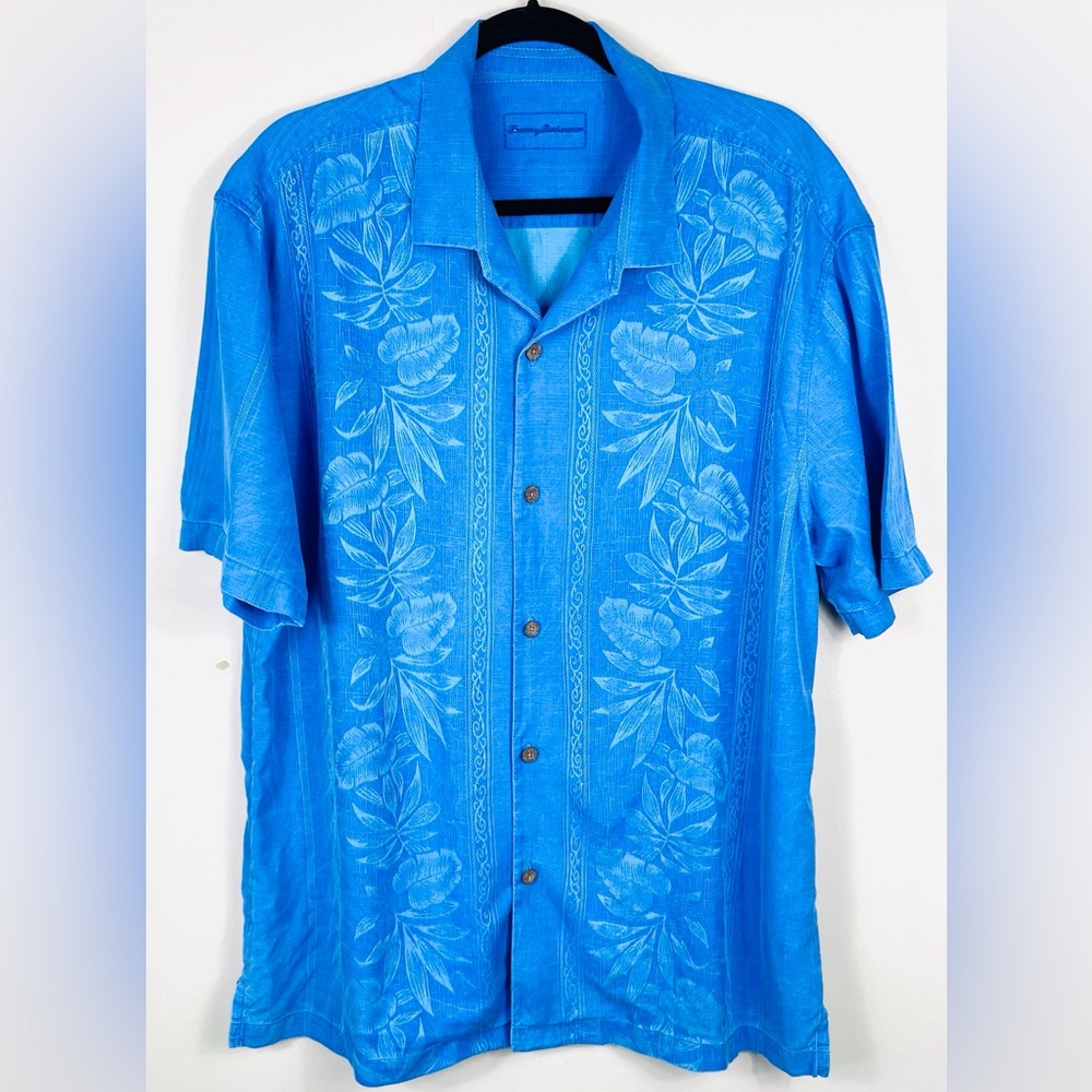 Vintage Tommy Bahama Silk Blue Textured Palm Shirt XLT